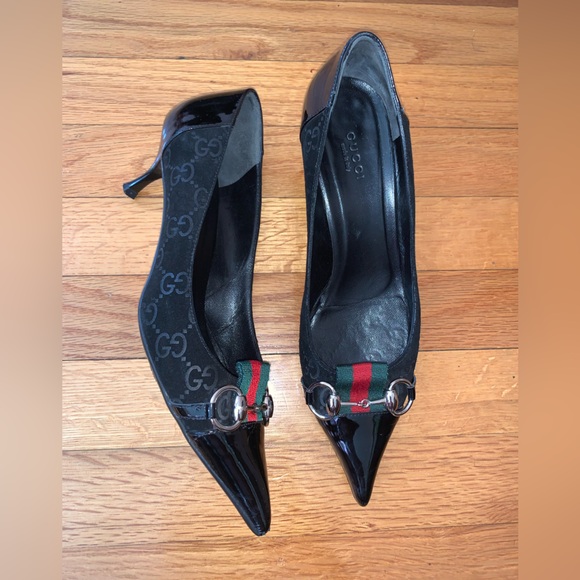 Gucci Horsebit Web Stripe GG Pump Size 7 Black Suede Pointed Toe Kitten Heel - Picture 3 of 9